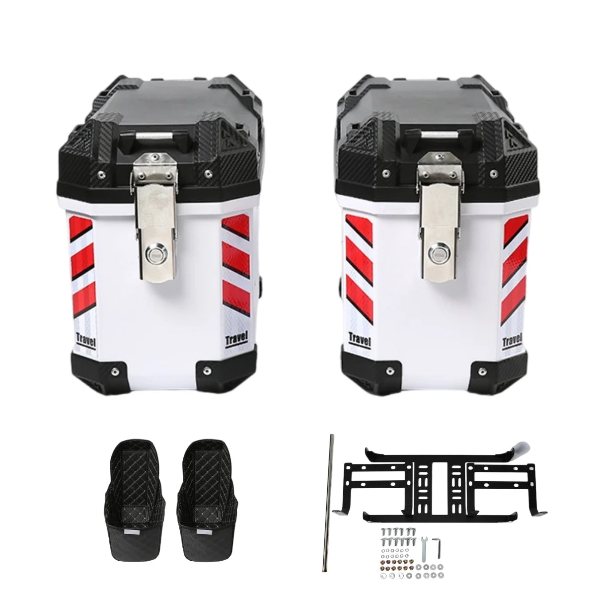 2 valises latérales robustes pour moto, une paire en plastique PP, avec supports de montage inclus, équipées de serrures de sécurité, de bandes réfléchissantes et d'un revêtement, adaptées à une protection complète et au rangement de matériel de camping/q