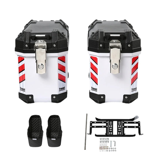 2 valises latérales robustes pour moto, une paire en plastique PP, avec supports de montage inclus, équipées de serrures de sécurité, de bandes réfléchissantes et d'un revêtement, adaptées à une protection complète et au rangement de matériel de camping/q