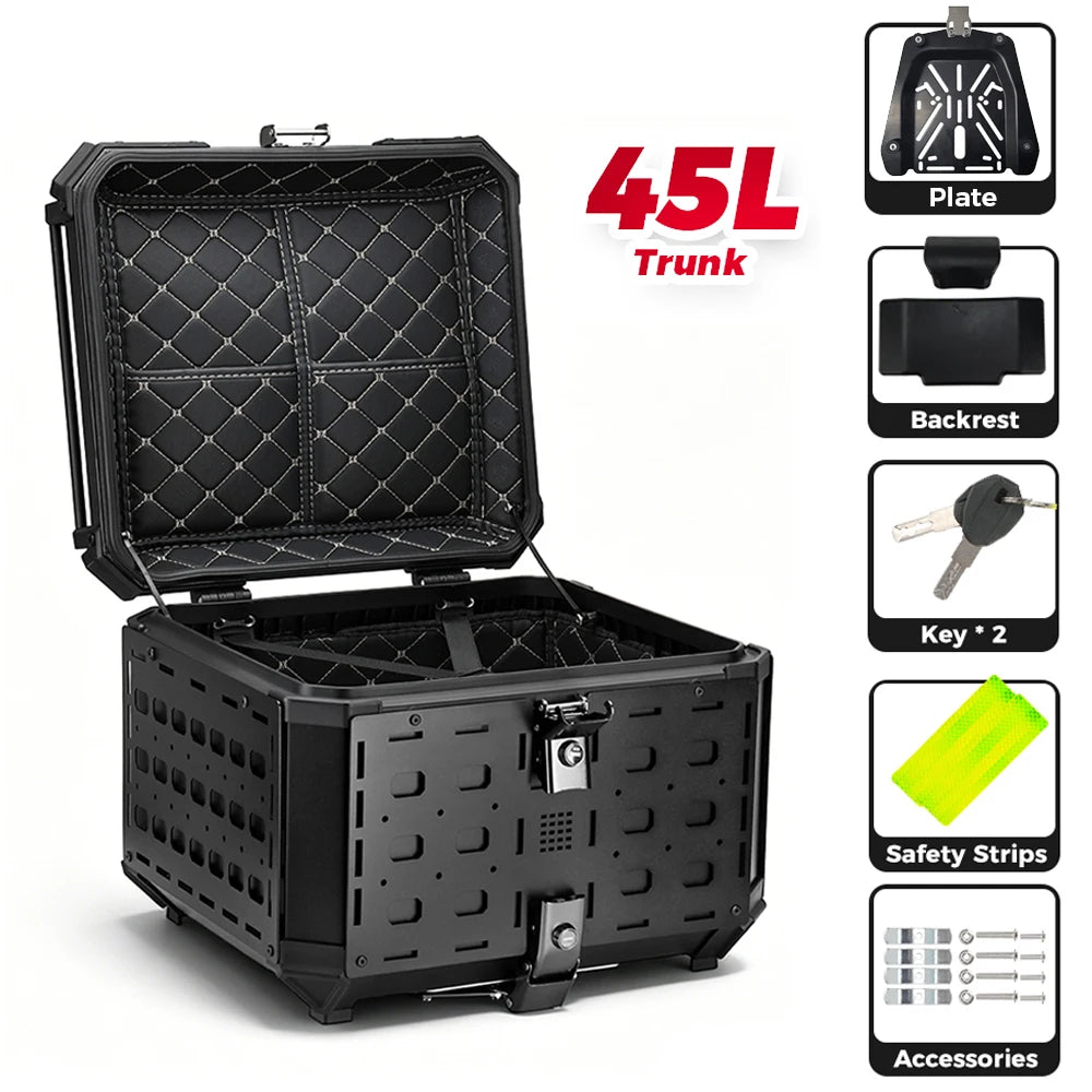 KEMIMOTO Top Case pour moto 45L/55L, coffre arrière universel, coffre de rangement pour moto, plateau latéral extensible, installation facile, dégagement rapide, détachable, étanche, antirouille, anti-poussière, coussin de dossier, serrure antivol