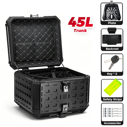 KEMIMOTO Top Case pour moto 45L/55L, coffre arrière universel, coffre de rangement pour moto, plateau latéral extensible, installation facile, dégagement rapide, détachable, étanche, antirouille, anti-poussière, coussin de dossier, serrure antivol