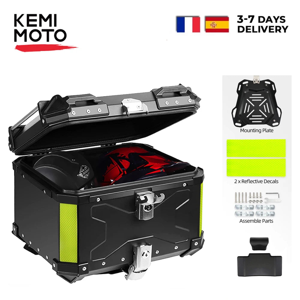 KEMIMOTO Top Case Moto Universel en Aluminium, Coffre Arrière pour Moto 45L 55L 65L Étanche avec Serrure et Coussin Dorsal