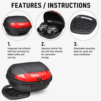 Top case moto 72L étanche en PP, coffre de rangement arrière, capacité 2 casques, réflecteur intégré, fixation rapide, boîte arrière scooter avec accessoires de montage et 2 clés, noir 59x43x31cm