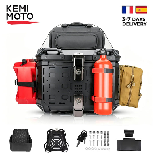 KEMIMOTO Top Case pour moto 45L/55L, coffre arrière universel, coffre de rangement pour moto, plateau latéral extensible, installation facile, dégagement rapide, détachable, étanche, antirouille, anti-poussière, coussin de dossier, serrure antivol