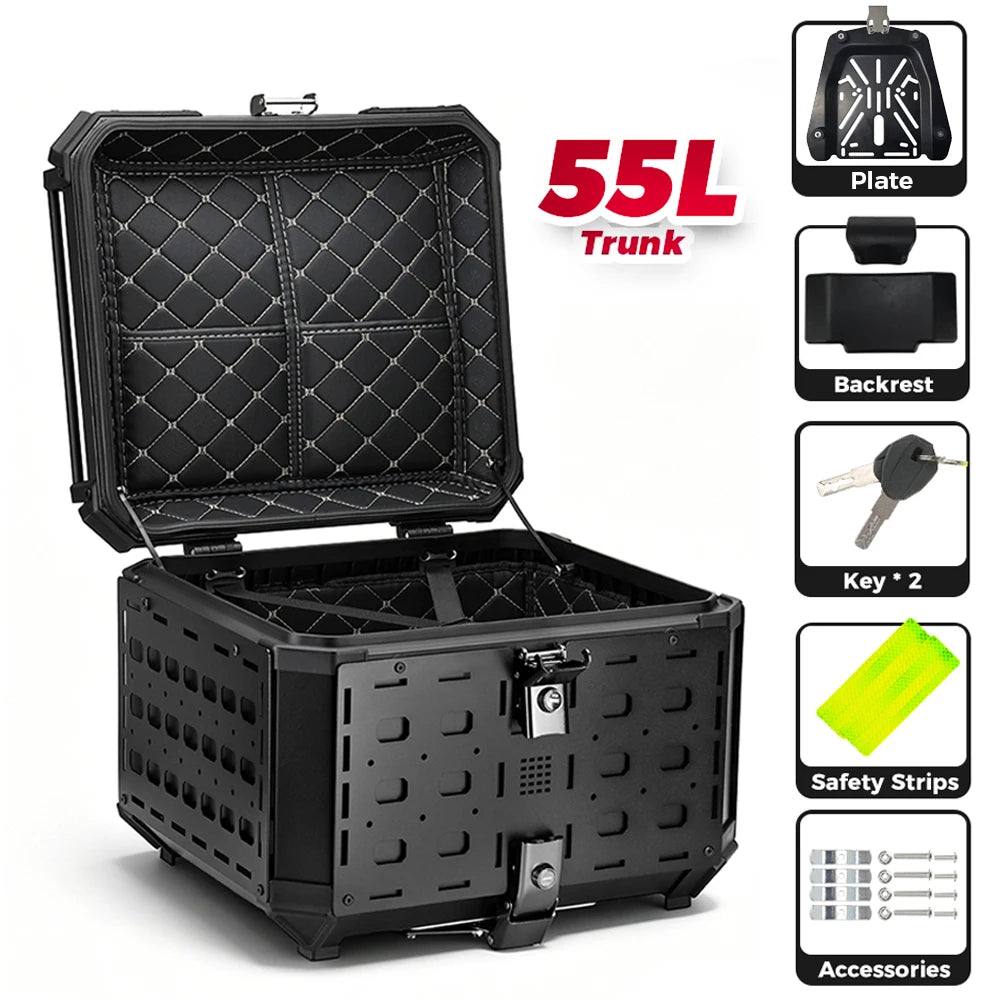 KEMIMOTO Top Case pour moto 45L/55L, coffre arrière universel, coffre de rangement pour moto, plateau latéral extensible, installation facile, dégagement rapide, détachable, étanche, antirouille, anti-poussière, coussin de dossier, serrure antivol
