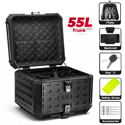 KEMIMOTO Top Case pour moto 45L/55L, coffre arrière universel, coffre de rangement pour moto, plateau latéral extensible, installation facile, dégagement rapide, détachable, étanche, antirouille, anti-poussière, coussin de dossier, serrure antivol