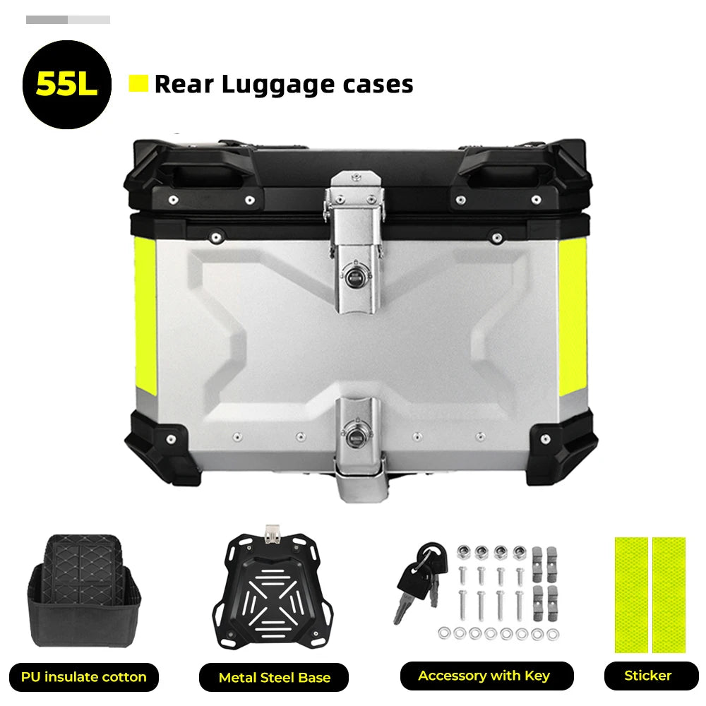 KEMIMOTO Top Case Moto Universel en Aluminium, Coffre Arrière pour Moto 45L 55L 65L Étanche avec Serrure et Coussin Dorsal
